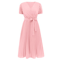 V-neck Puff Sleeve Pleated Dress