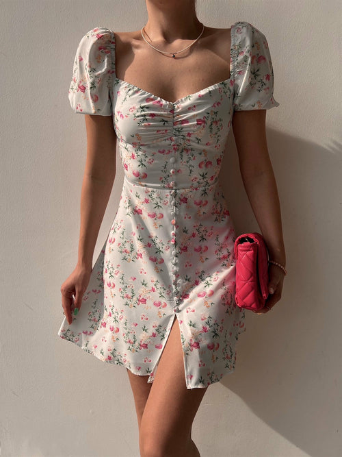 Bubble Sleeve Floral Print V-Neck Dress with Button