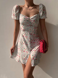 Bubble Sleeve Floral Print V-Neck Dress with Button