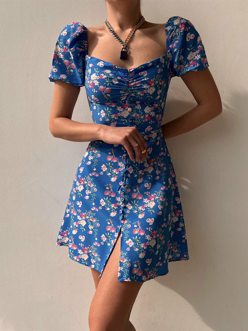 Bubble Sleeve Floral Print V-Neck Dress with Button
