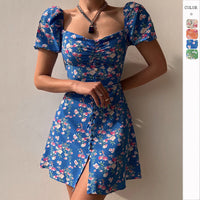 Bubble Sleeve Floral Print V-Neck Dress with Button