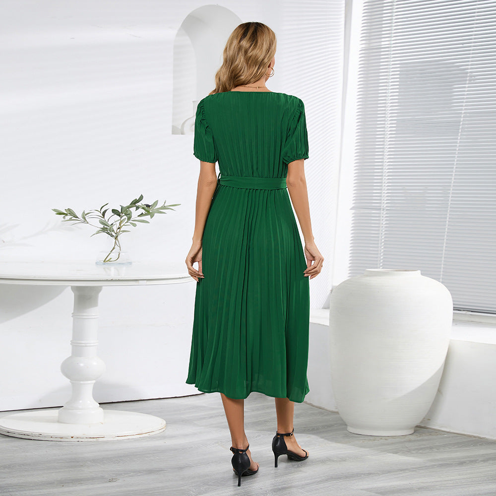 V-neck Puff Sleeve Pleated Dress