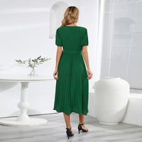 V-neck Puff Sleeve Pleated Dress