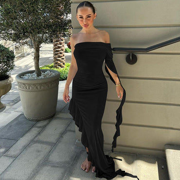 Sex One-shoulder Pleated Solid Color Dress
