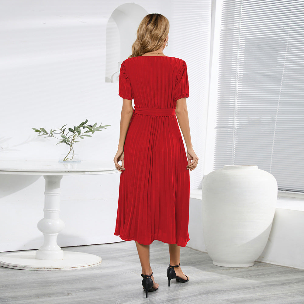 V-neck Puff Sleeve Pleated Dress