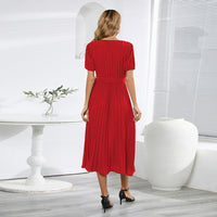 V-neck Puff Sleeve Pleated Dress