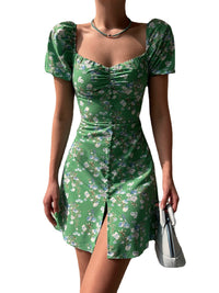 Bubble Sleeve Floral Print V-Neck Dress with Button