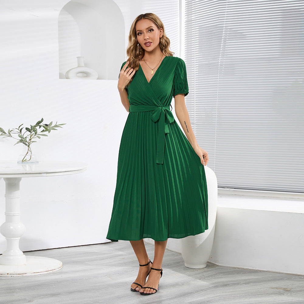 V-neck Puff Sleeve Pleated Dress