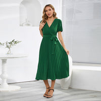 V-neck Puff Sleeve Pleated Dress