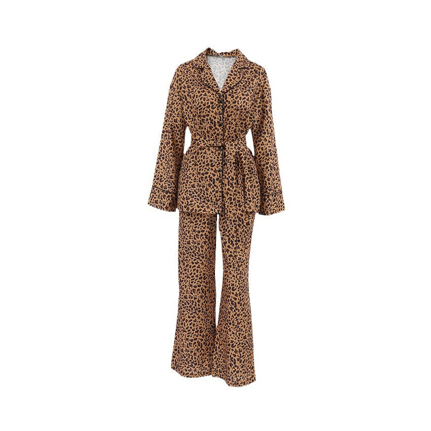 Leopard Print Shirt Long Sleeved Trousers Pajamas Two Piece Set Home
