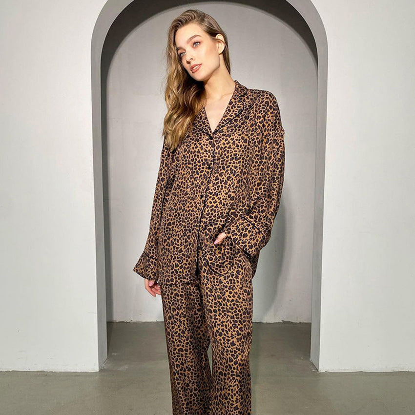 Leopard Print Shirt Long Sleeved Trousers Pajamas Two Piece Set Home