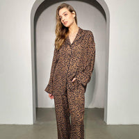 Leopard Print Shirt Long Sleeved Trousers Pajamas Two Piece Set Home