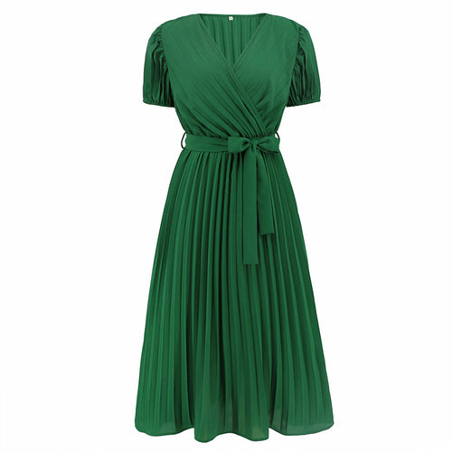 V-neck Puff Sleeve Pleated Dress