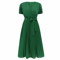 V-neck Puff Sleeve Pleated Dress