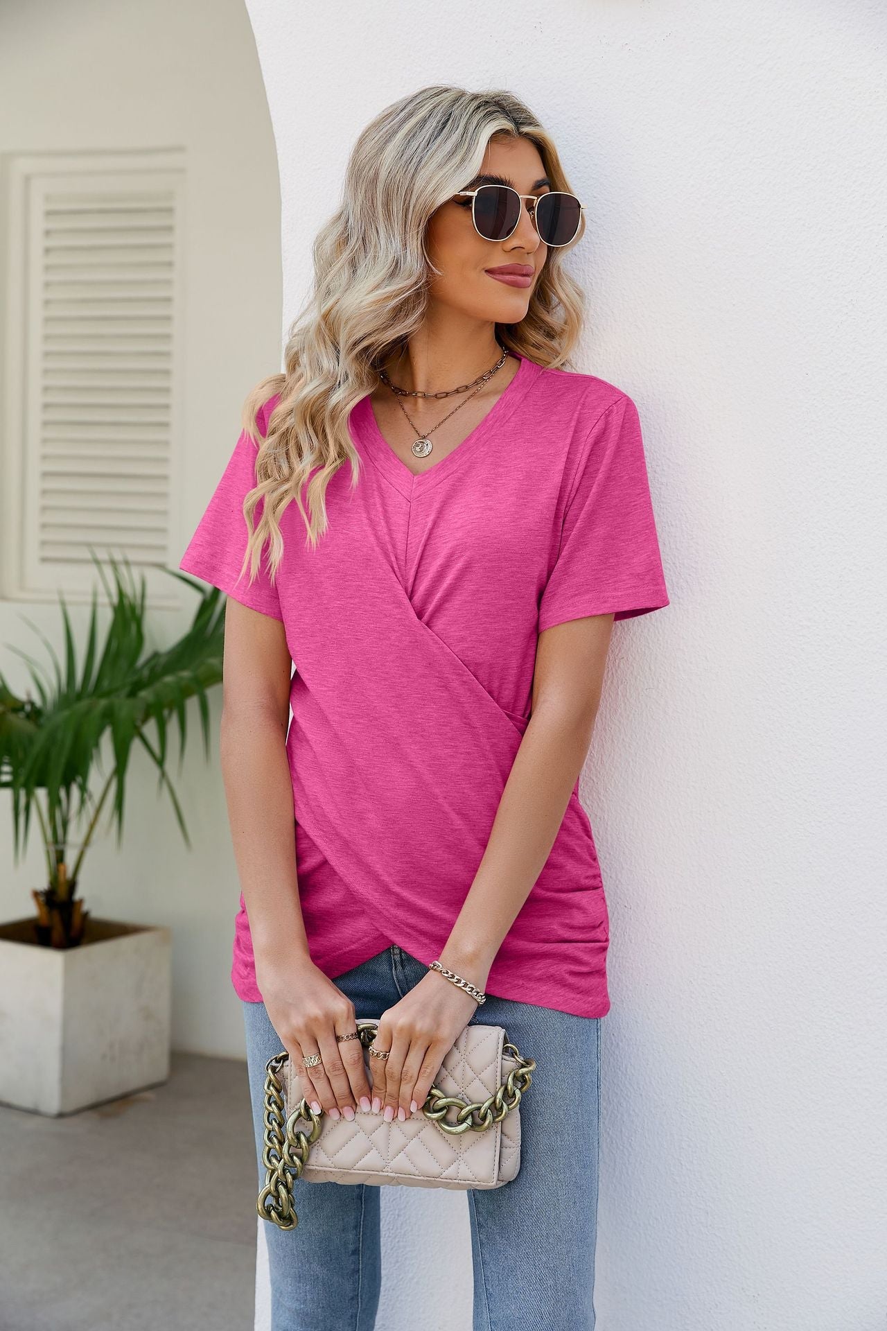 Casual Short-Sleeve V-Neck T-Shirt with Knotted Front