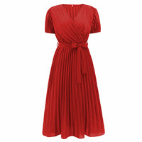 V-neck Puff Sleeve Pleated Dress