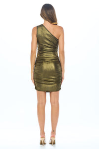 Metallic One Shoulder Ruched Bodycon Dress