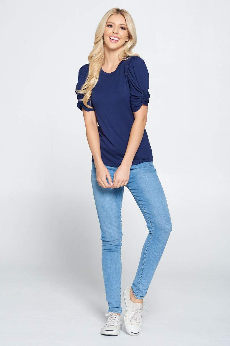 Solid Short Sleeve Top with Scrunched Sleeves