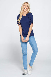 Solid Short Sleeve Top with Scrunched Sleeves