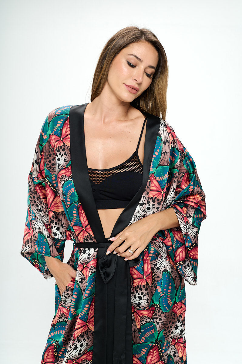 Satin Butterfly Print Open Front Long Kimono.