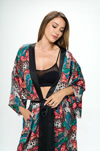 Satin Butterfly Print Open Front Long Kimono.