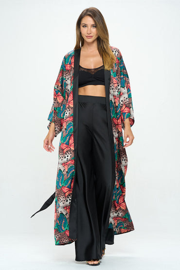 Satin Butterfly Print Open Front Long Kimono.