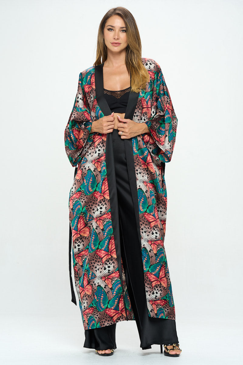 Satin Butterfly Print Open Front Long Kimono.