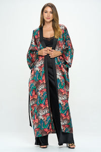Satin Butterfly Print Open Front Long Kimono.