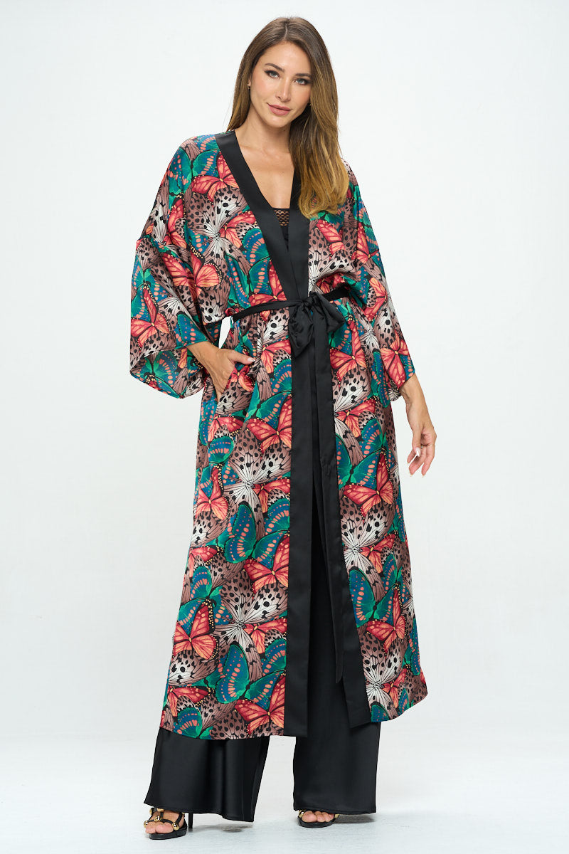 Satin Butterfly Print Open Front Long Kimono.