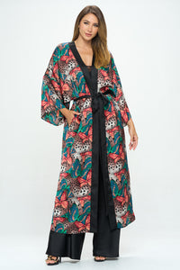 Satin Butterfly Print Open Front Long Kimono.