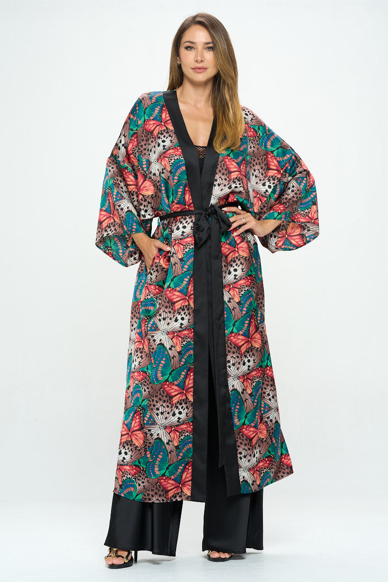 Satin Butterfly Print Open Front Long Kimono.