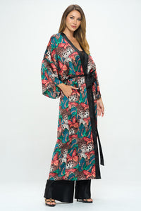 Satin Butterfly Print Open Front Long Kimono.