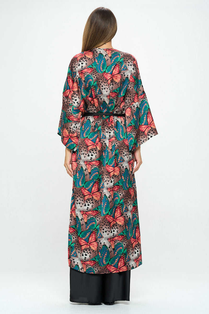 Satin Butterfly Print Open Front Long Kimono.