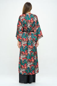 Satin Butterfly Print Open Front Long Kimono.