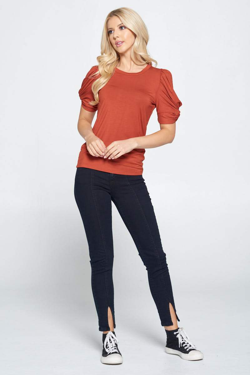 Solid Short Sleeve Top with Scrunched Sleeves
