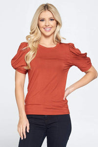 Solid Short Sleeve Top with Scrunched Sleeves
