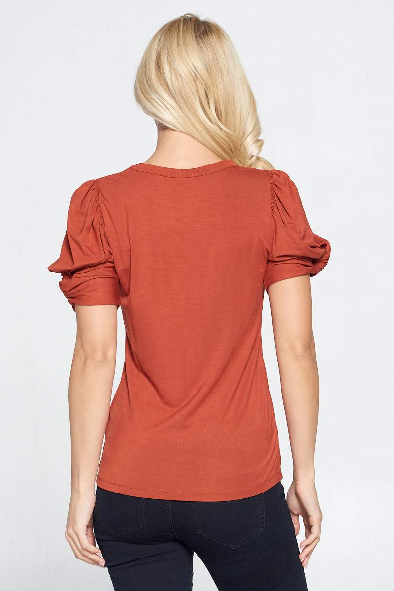 Solid Short Sleeve Top with Scrunched Sleeves
