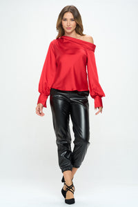 Dropped Shoulder Long Sleeve Satin Top