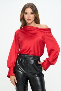 Dropped Shoulder Long Sleeve Satin Top
