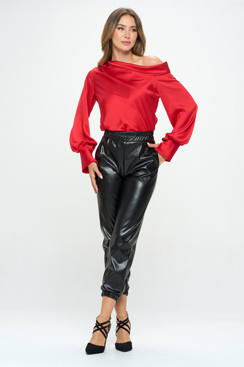 Dropped Shoulder Long Sleeve Satin Top