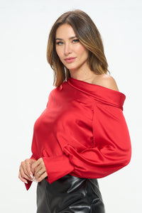Dropped Shoulder Long Sleeve Satin Top