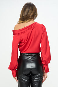 Dropped Shoulder Long Sleeve Satin Top