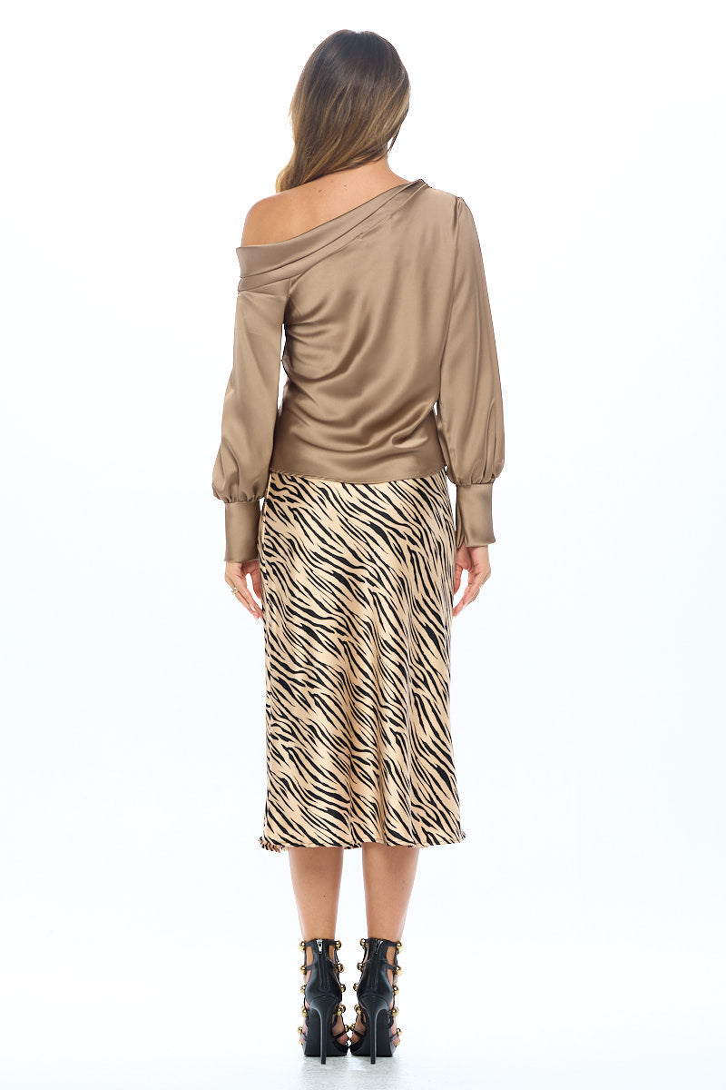 Dropped Shoulder Long Sleeve Satin Top