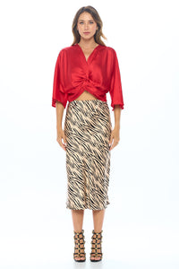 Satin Vibrant Short Sleeve Top with Front Twist