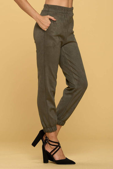Suede Jogger Pants with Pockets Olive Color