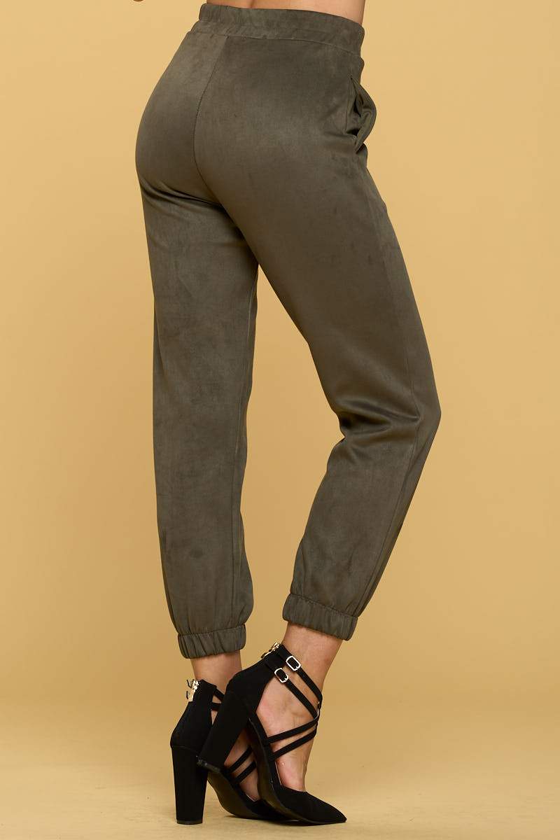 Suede Jogger Pants with Pockets Olive Color