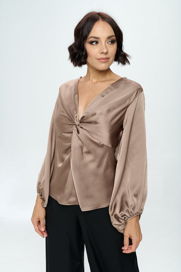 Stretch Satin V neck Top with Front Twist