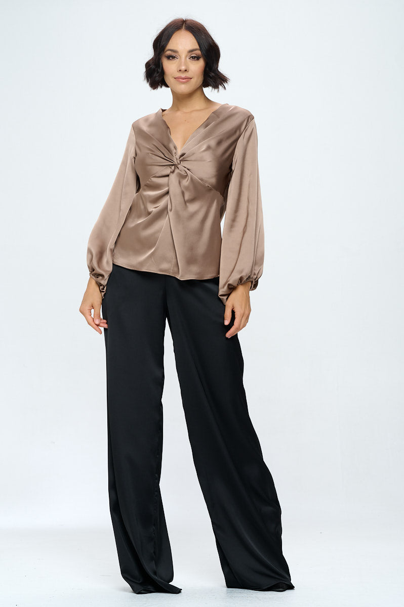 Stretch Satin V neck Top with Front Twist