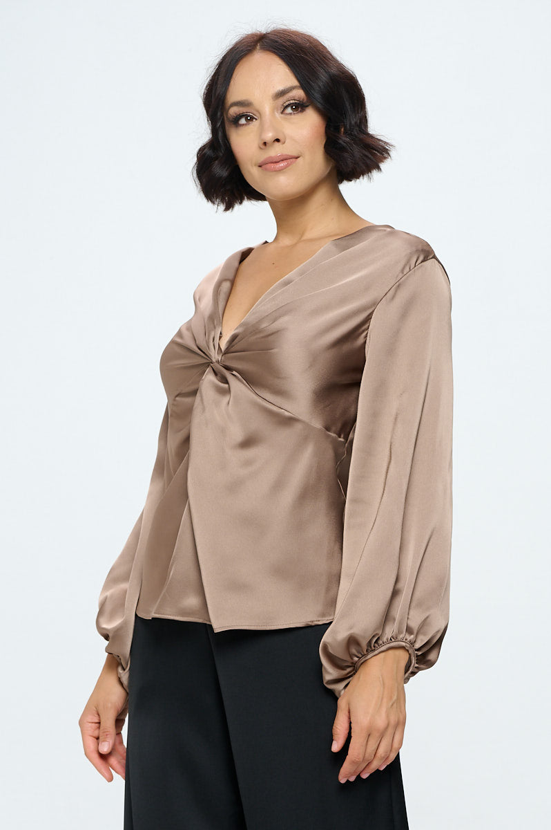 Stretch Satin V neck Top with Front Twist