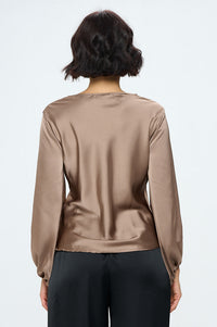 Stretch Satin V neck Top with Front Twist